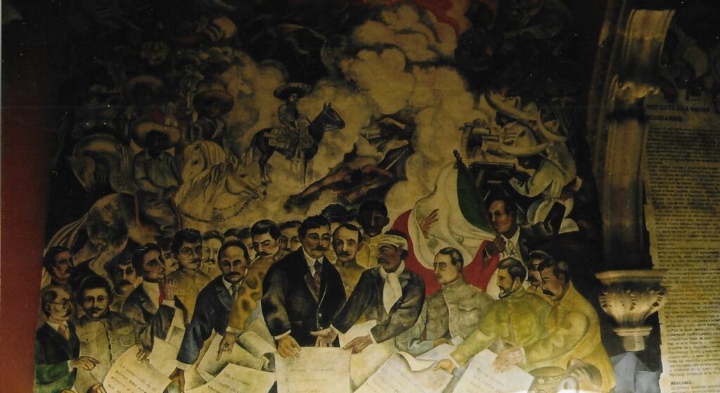 a close up shot of a mural from the first floor walls of the municipal town hall, depict signing of peace treaties.