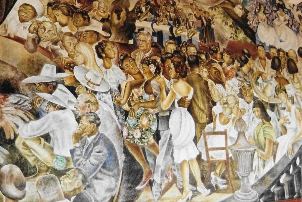 a close up shot of a mural from the first floor walls of the municipal town hall, depict a lively local scene - much dancing.
