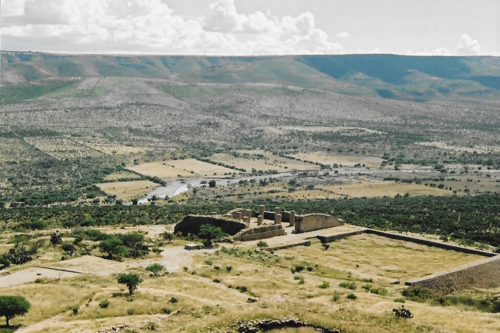 Bird's eye view of a section of the ancient ruins of La Quemada, near Zacatecas. Sun baked landscape.