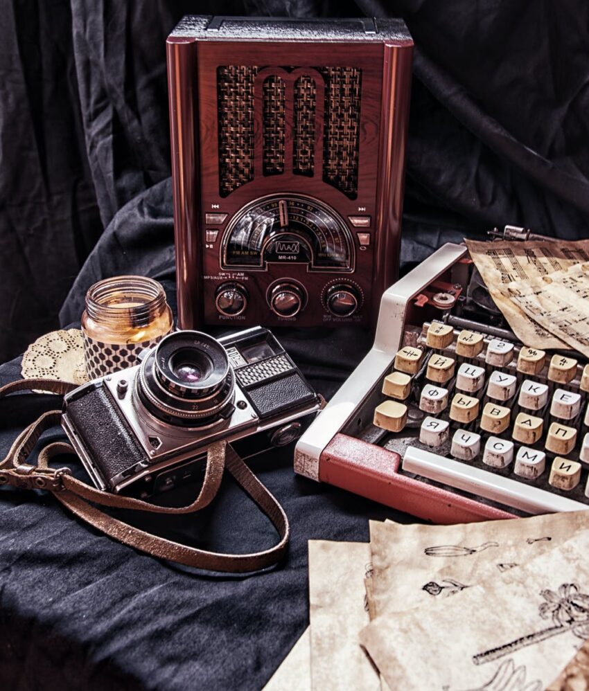 vintage equipment on the black fabric