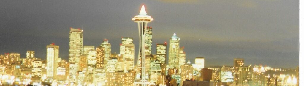 A view of the night time sky line from the 45th floor of Seattle's Hilton Hotel.