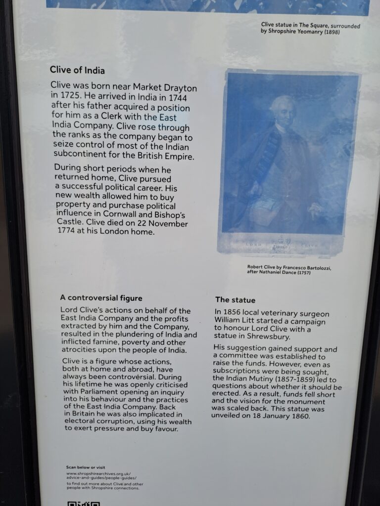 A newly erected information board, by the side of Robert Clive's statue in Shrewsbury Market Square, finally provides context about his controversial life.